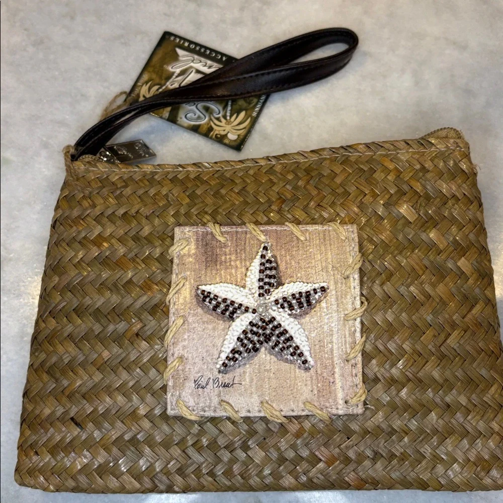 Sun n Sand Woven Straw Wristlet Clutch Pearl Beaded Starfish Summer
